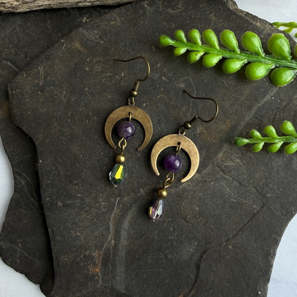 Elegant Antique Bronze Golden and Purple Crescent Earrings